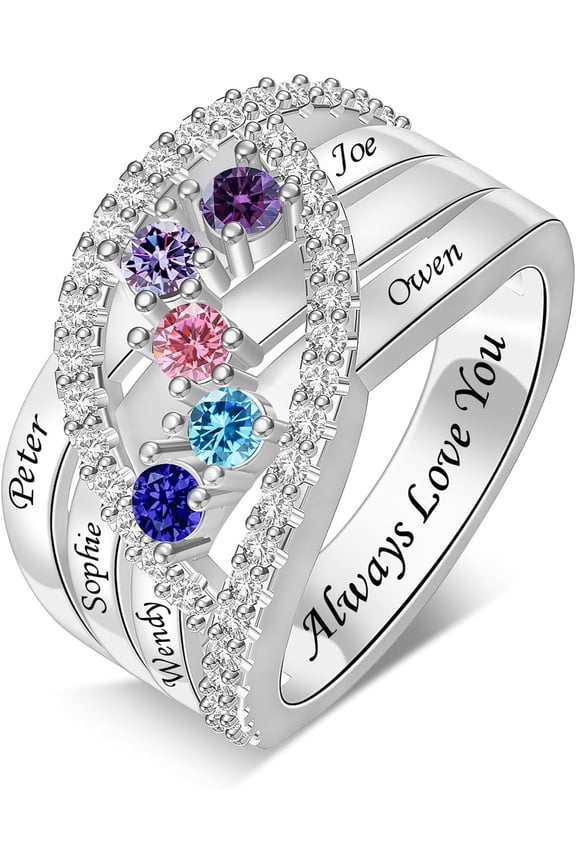 Personalized Mothers Ring Custom Birthstone Ring for Women Sterling Silver Family Engraving Names Rings Mother's Day Christmas Anniversary Birthday Gift for Mom Wife Daughter