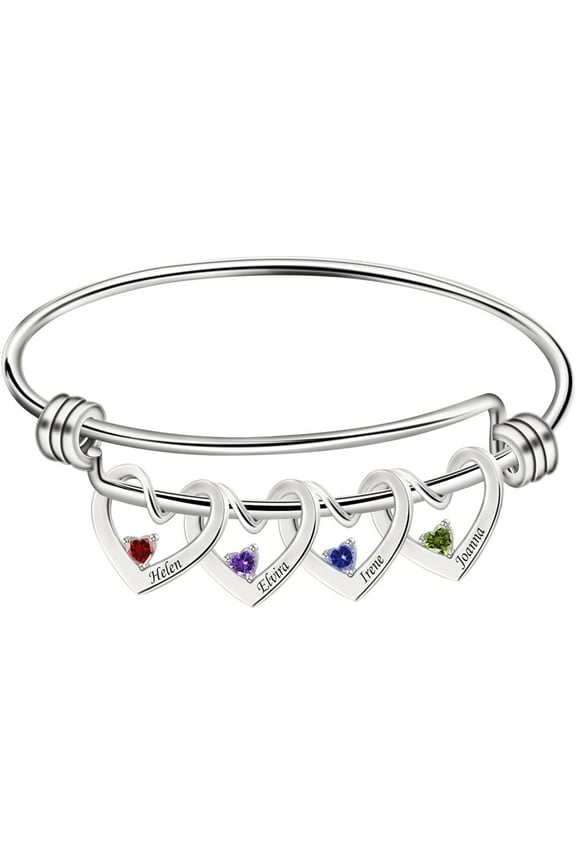 Personalized Women Bracelets with 1-5 Birthstones Custom Heart Charm Bangles Engraved Expandable Bracelet for Mother's Day