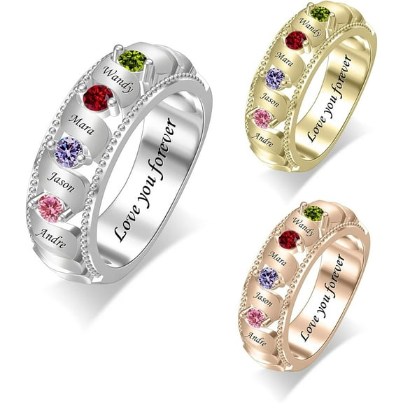 YUPPOLKR S925 Personalized Mothers Ring with 1-8 Simulated Birthstone Engraving Family Name Custom Family Ring for Women Wife Mom Grandma