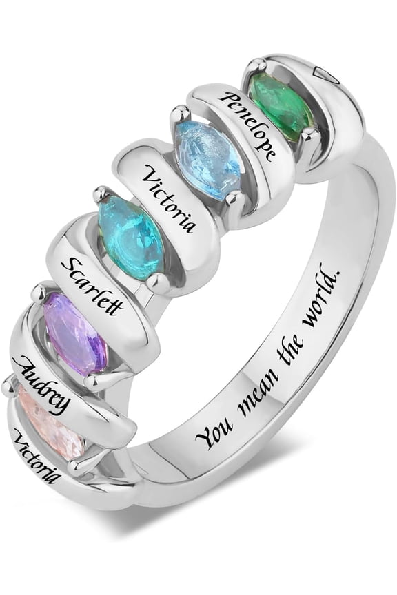 S925 Sterling Silver Personalized Mothers Ring with 1-6 Names & Birthstones for Women Custom Name Ring for Mom Grandma Girlfriend Mothers Day Christmas Gift