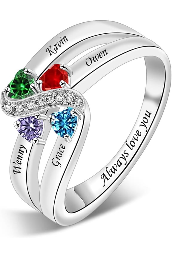 Sterling Silver Personalized Mothers Ring with 1/2/3/4/5/6 Birthstones & Names Custom Birthstone Ring for Women Custom Family Ring for Mom Wife Grandmother