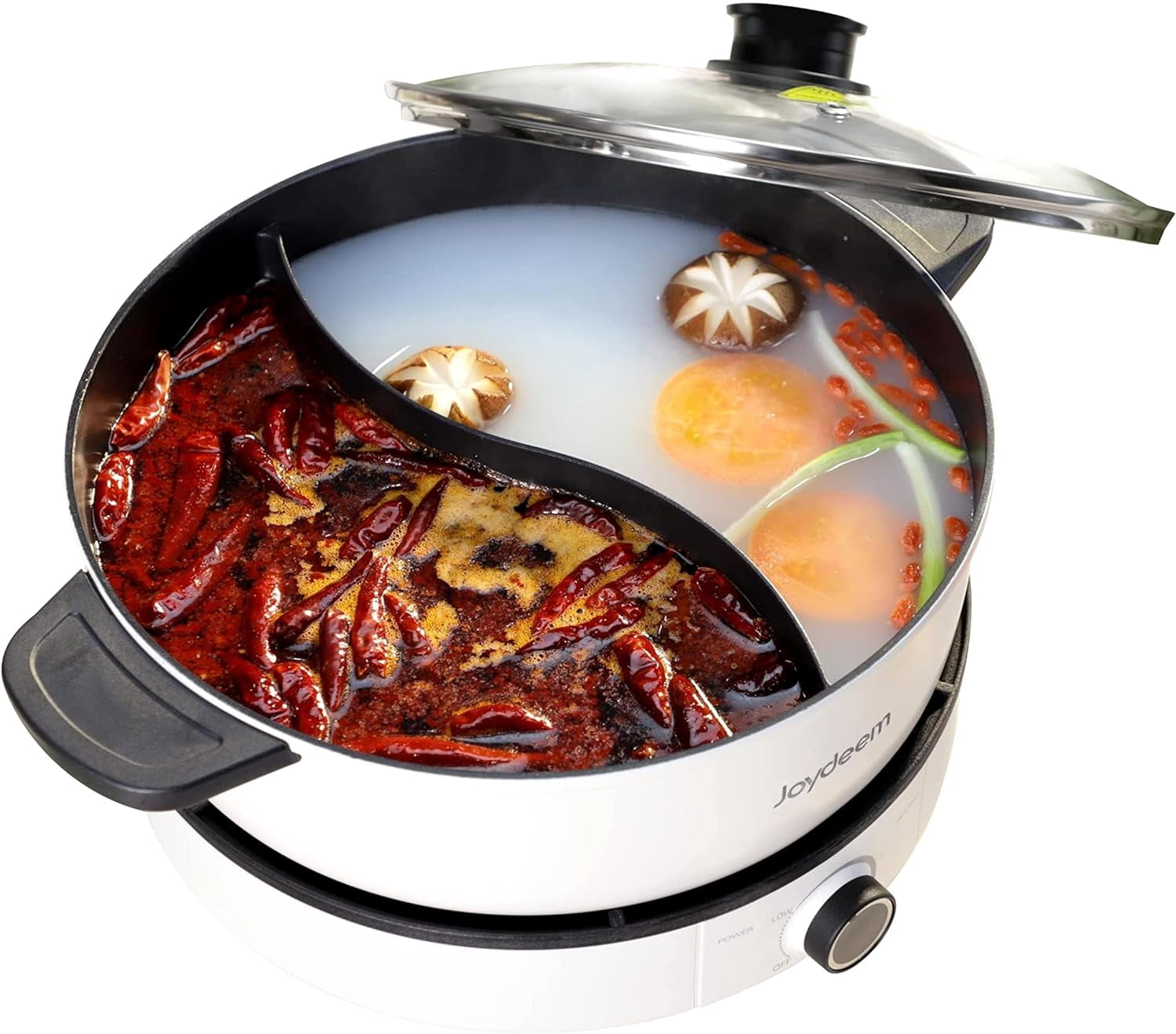 YUQIN Electric Multifunctional Hot Pot with Divider, Double Flavor Non-Stick Pot, Temperature Control, Large 5L Capacity for 6-8 People, 1500W, White