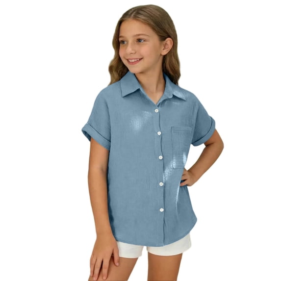 YUQIN Girl's Tops Classic Solid Color Short Sleeve Shirts For Girls Button Down Shirt Casual Blouse Everyday Solid Color Fashion Top Trendy Tee Blouse