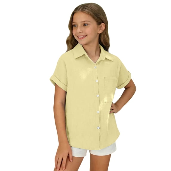 YUQIN Girl's Tops Classic Solid Color Short Sleeve Shirts For Girls Button Down Shirt Casual Blouse Everyday Solid Color Fashion Top Tshirts Fashion Tops