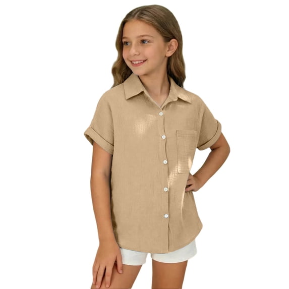 YUQIN Girl's Tops Classic Solid Color Short Sleeve Shirts For Girls Button Down Shirt Casual Blouse Everyday Solid Color Fashion Top Versatile Tee Shirts