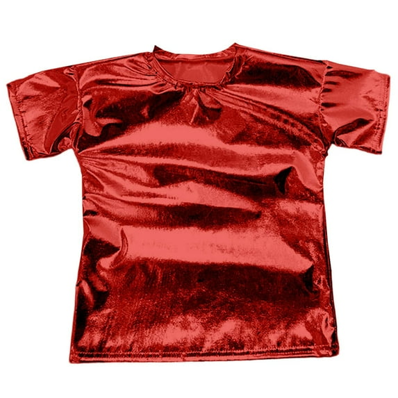YUQIN Girls Glitter Shiny Metallic T Shirts Kids Short Sleeve Tees Dance Blouse Party Performance Stretch Top Solid Color Stage Wear Fashion Casual Tee Tops