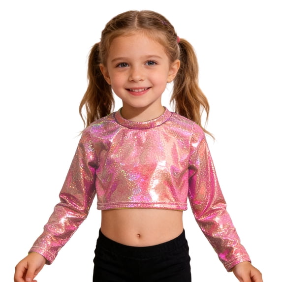 YUQIN Metallic Dance Tops For Girls Long Sleeve Cropped Top Shiny Glitter Streetwear Classic Crew Neck Tee Shirt Party Fashion Shirts Basic Trendy T-Shirts
