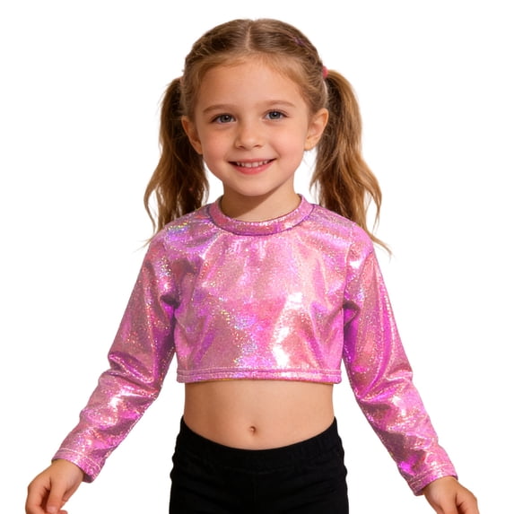 YUQIN Metallic Dance Tops For Girls Long Sleeve Cropped Top Shiny Glitter Streetwear Classic Crew Neck Tee Shirt Party Fashion Shirts Dressy Casual Shirts