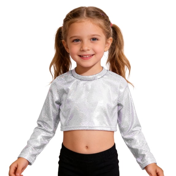 YUQIN Metallic Dance Tops For Girls Long Sleeve Cropped Top Shiny Glitter Streetwear Classic Crew Neck Tee Shirt Party Fashion Shirts Party Tee Tshirts