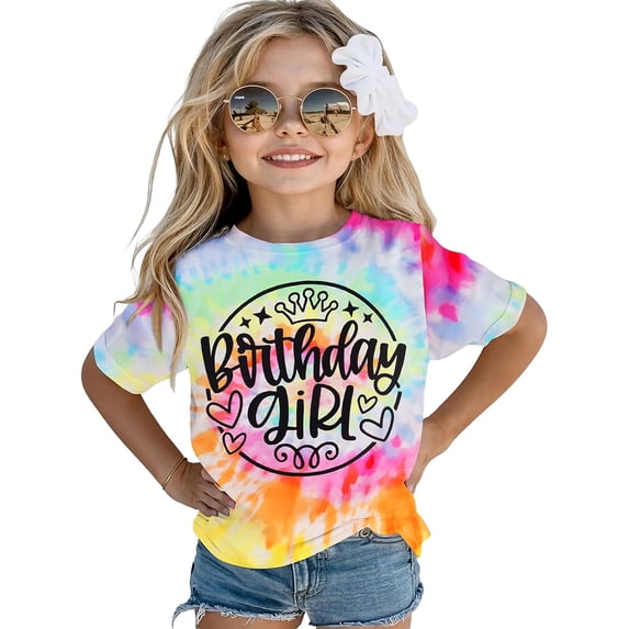 YUQIN Soft T Shirts Birthday Girl Shirt Kids Toddler Girls Tie Dye T-Shirt Birthday Party Outfits Short Sleeve Crewneck Tees Summer Tops Party Stylish Tees