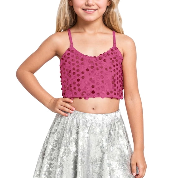 YUQIN Soft Tops Girls Sequin Tank Tops Sleeveless Adjustable Spaghetti Strap Crop Cami Top Carnival Sparkly Dance Blouse For Children Dressy Casual Shirts