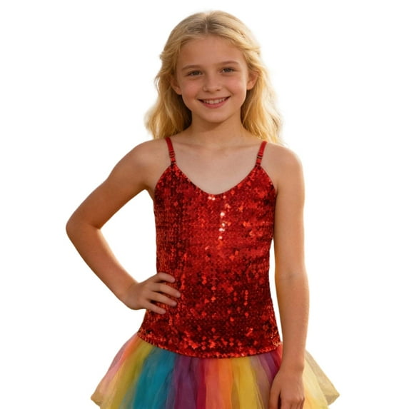 YUQIN Soft Tops Girls Sequin Tank Tops Sleeveless Adjustable Spaghetti Strap Crop Cami Top Carnival Sparkly Dance Blouse For Children Fashionable Tee Blouses