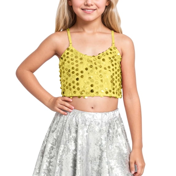 YUQIN Soft Tops Girls Sequin Tank Tops Sleeveless Adjustable Spaghetti Strap Crop Cami Top Carnival Sparkly Dance Blouse For Children Stylish Party Wear