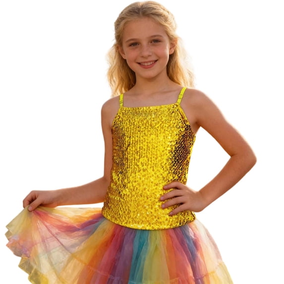 YUQIN Soft Tops Girls Sequin Tank Tops Sleeveless Adjustable Spaghetti Strap Crop Cami Top Carnival Sparkly Dance Blouse For Children Stylish Tee Shirts