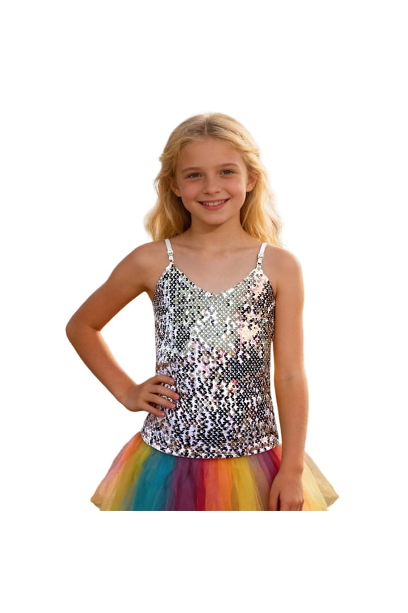 Soft Tops Girls Sequin Tank Tops Sleeveless Adjustable Spaghetti Strap Crop Cami Top Carnival Sparkly Dance Blouse For Children Tshirts Fashion Tops