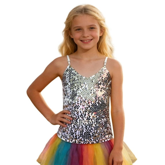 YUQIN Soft Tops Girls Sequin Tank Tops Sleeveless Adjustable Spaghetti Strap Crop Cami Top Carnival Sparkly Dance Blouse For Children Tshirts Fashion Tops