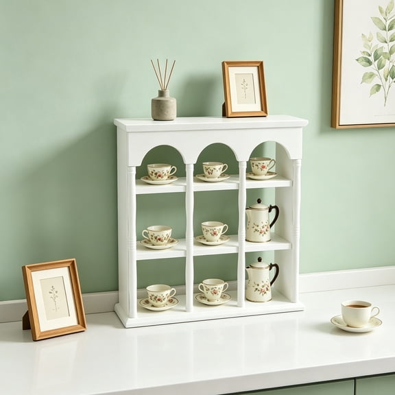 3 Tiers Rubberwood White Coffee Mug Display Rack, Vintage Wall-Mounted Cup Case Living Rooms, Bedrooms