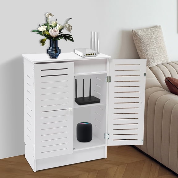 3 Tiers White Rectangular Floor Standing Router Storage Box Router Storage Cabinet with Reserved Cable Groove