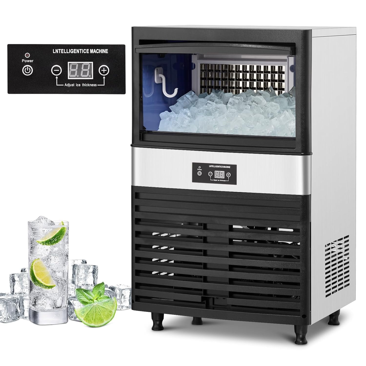 YUSAZENS 100LBS/24H Commercial Freestanding Ice Maker, Stainless Steel Ice Machine with 30LBS Storage Bin, for Bar, School, Office, Home, Restaurant