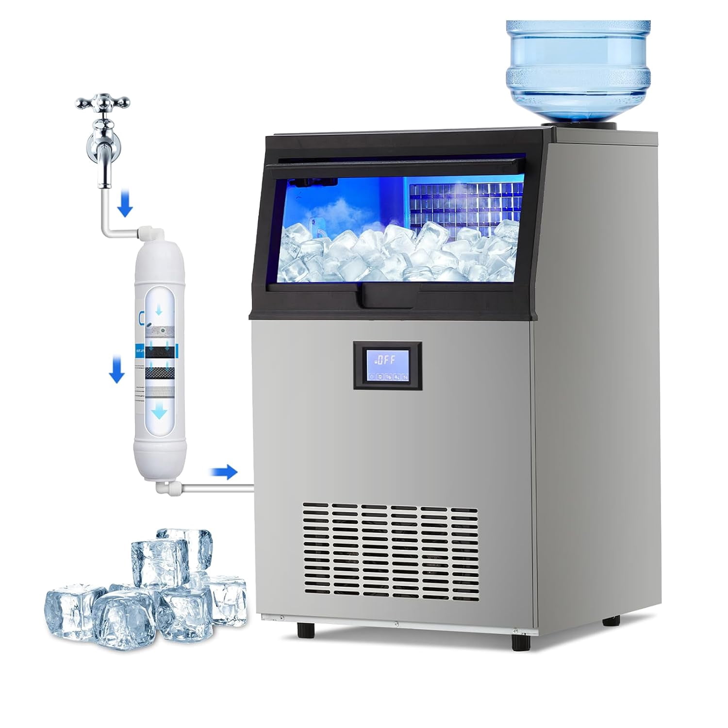 YUSAZENS 100LBS/24H Commercial Ice Maker, Stainless Steel Freestanding & Undercounter Ice Machine with 33LBS Storage & LCD Display, 110V 250W Silver, for Bar, Restaurant, Home Office