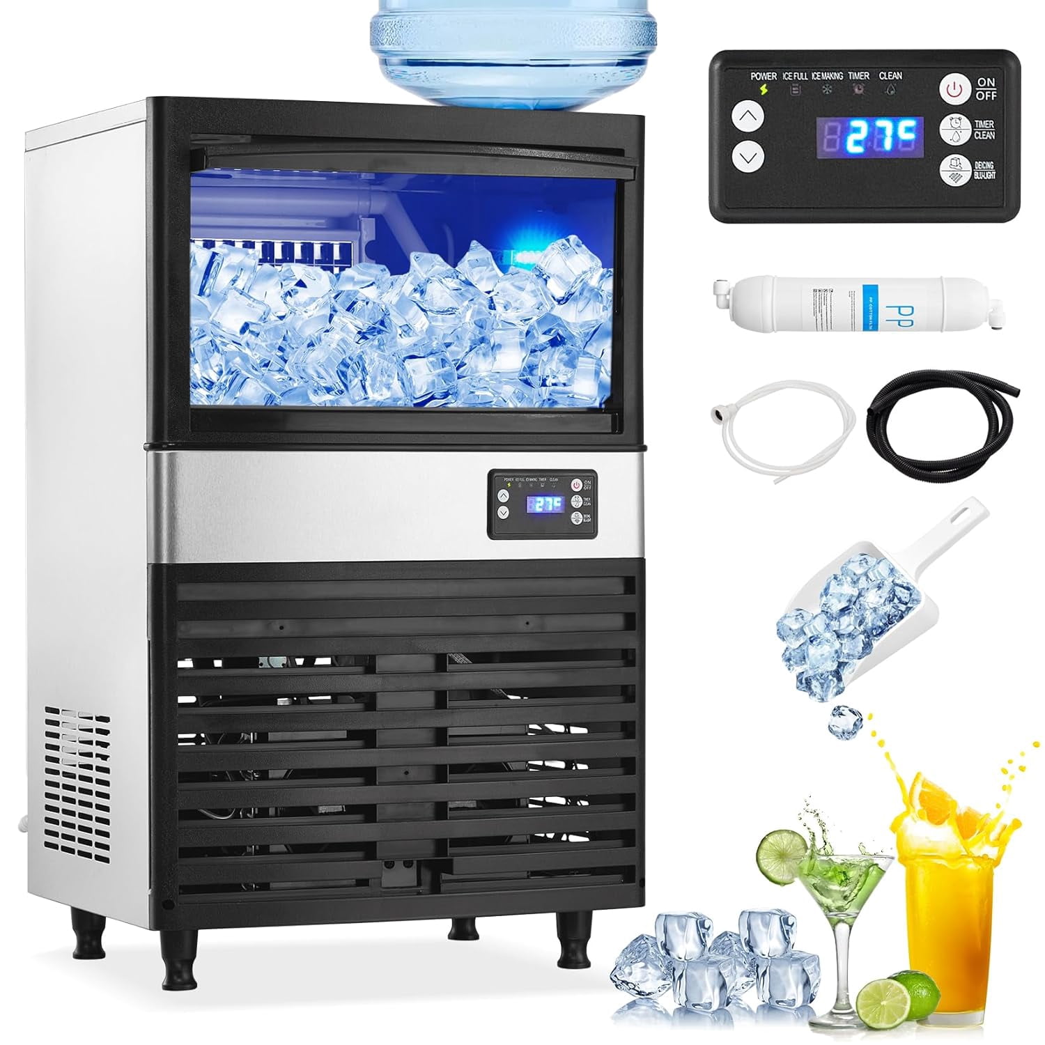 YUSAZENS 120LBS/Day 60W Commercial Ice Maker, Stainless Steel Under Counter Ice Machine with 26LBS Storage Bin & 2 Add Water Modes, LED Digital Display, for Home, Bar, Restaurant, Office