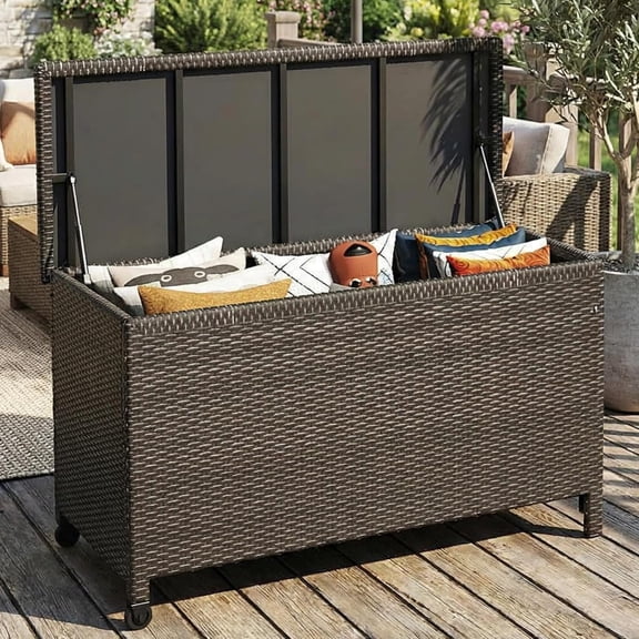 YUSAZENS 125 Gallon Oversized PE Rattan Deck Box with Wheels, Waterproof Outdoor Storage Chest with Handles, All-Weather Portable Organizer for Patio, Balcony, Poolside & Backyard, Brown