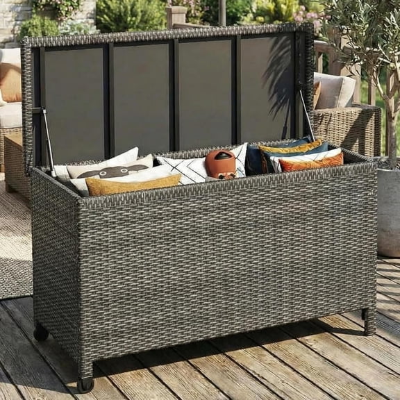 YUSAZENS 125 Gallon Oversized PE Rattan Deck Box with Wheels, Waterproof Outdoor Storage Chest with Handles, All-Weather Portable Organizer for Patio, Balcony, Poolside & Backyard, Gray