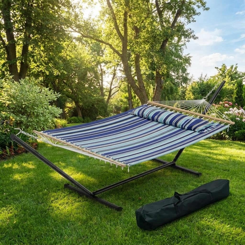 YUSAZENS 2 Person Freestanding Hammock Set, Heavy Duty Quilted Hammock Bed with Powder-Coated Steel Stand, Height Adjustable Design, Portable Outdoor Gear for Yard, Lawn, Garden, Camping