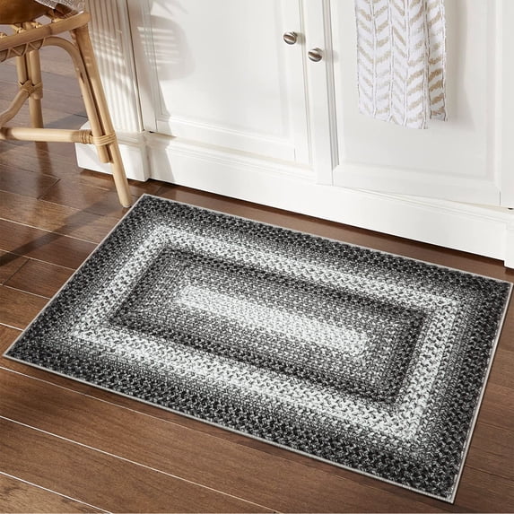 YUSAZENS 2'x3' Hallway Runner Rug, Washable Non-Slip Boho Braided Rustic Runner, Farmhouse Indoor Throw Rug, Low-Pile Long Carpet for Living Room, Bedroom, Entryway, Kitchen, Grey