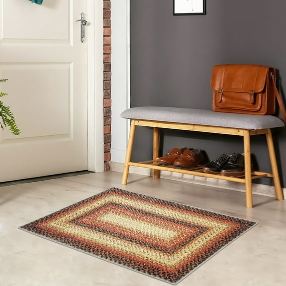 YUSAZENS 2'x4' Hallway Runner Rug, Washable Non-Slip Boho Braided Rustic Runner, Farmhouse Indoor Throw Rug, Low-Pile Long Carpet for Living Room, Bedroom, Entryway, Kitchen, Red