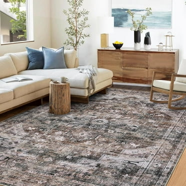 YUSAZENS 2'x6' Washable Area Rug, Vintage Boho Rug for Living Room, Bedroom, Dining Room, Low-Pile Non-Slip Stain-Resistant Carpet, Brown