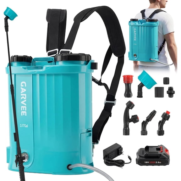 YUSAZENS 3.17-Gallon Cordless Backpack Sprayer, 065 PSI Adjustable Pressure, 18V 2Ah Rechargeable, 5 Spray Tips & Wand, Wide Mouth for Weeding Garden Lawn Care