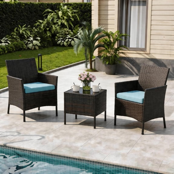 YUSAZENS 3-Piece Brown PE Rattan Bistro Set, Outdoor Conversation Furniture with 2 Cushioned Chairs & Tempered Glass Coffee Table, Weather-Resistant Patio Seating for Backyard, Balcony, Porch