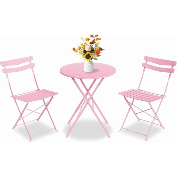 YUSAZENS 3-Piece Metal Folding Patio Bistro Set, No Assembly Required, Indoor/Outdoor Table & Chairs, Weather-Resistant Furniture for Balcony, Yard, Garden (Pink)