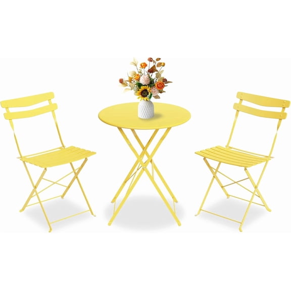 YUSAZENS 3-Piece Metal Folding Patio Bistro Set, No Assembly Required, Indoor/Outdoor Table & Chairs, Weather-Resistant Furniture for Balcony, Yard, Garden (Yellow)