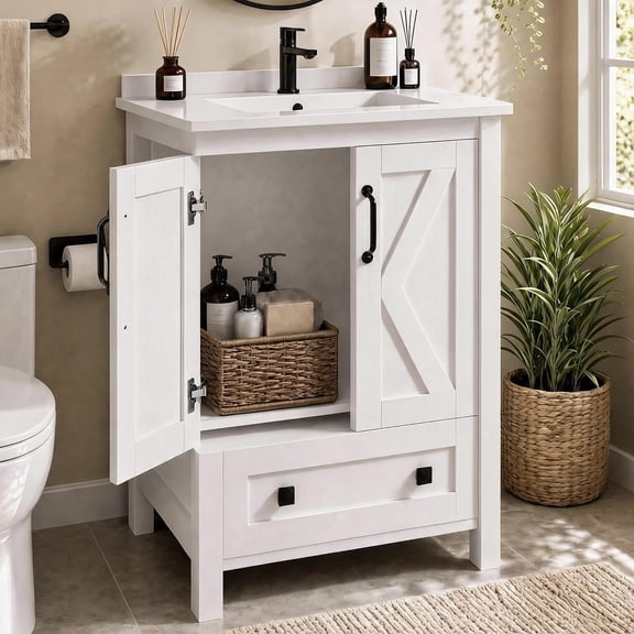 YUSAZENS 30-Inch Freestanding Bathroom Vanity with Ceramic Sink, 2 Soft-Close Doors & Drawer, Moisture-Resistant MDF Body, Modern Storage Cabinet for Small Space Bathroom, White