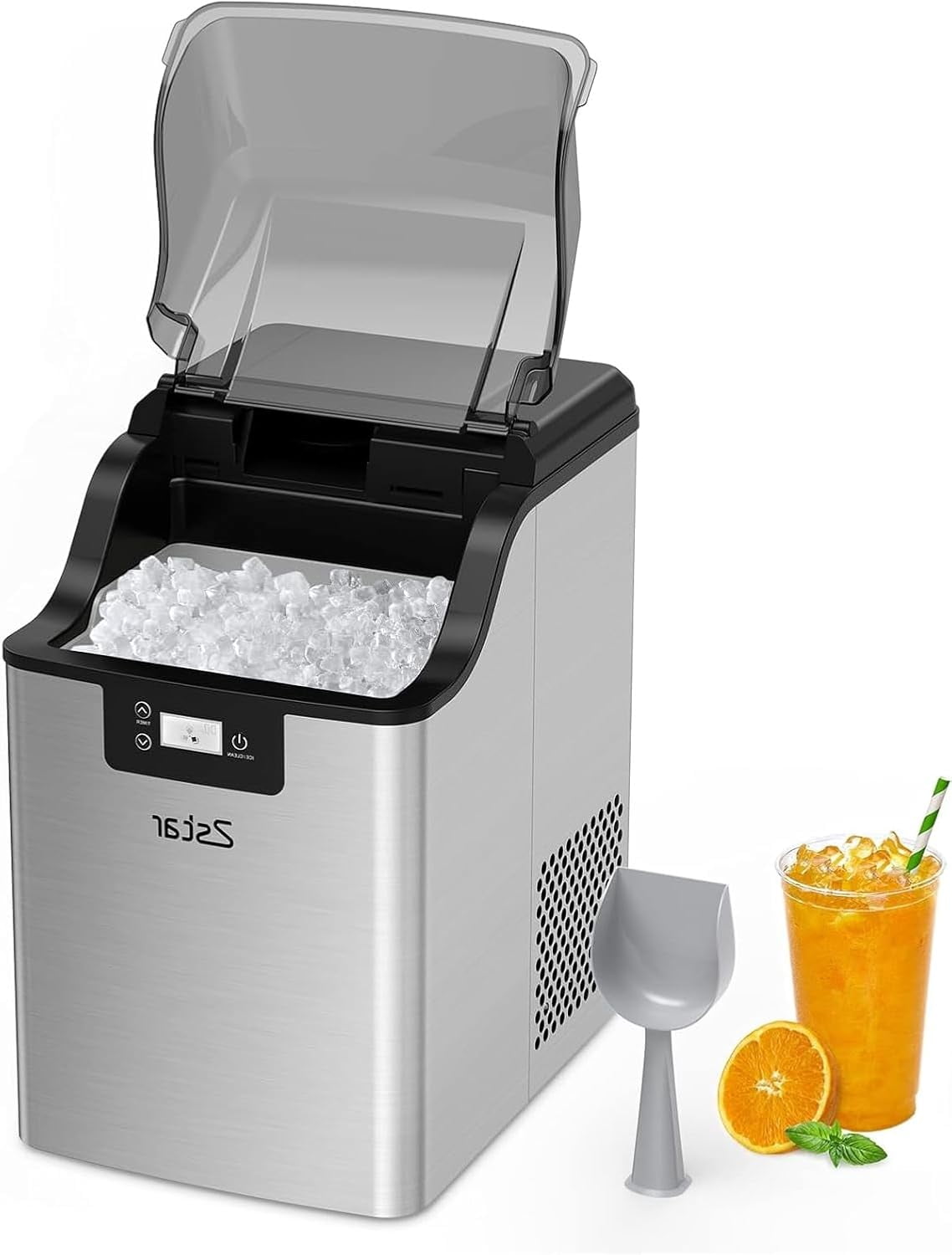 YUSAZENS 44 LBS Stainless Steel Pebble Ice Maker, Portable Countertop Ice Machine with Self-Cleaning, 24H Timer, 3 QT Water Reservoir & Ice Scoop for Home, Kitchen, Office, Camping, RV, Bar