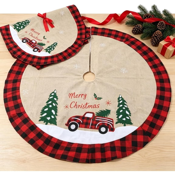 YUSAZENS 48-Inch Christmas Tree Skirt, Burlap Buffalo Plaid with Truck Embroidery, Farmhouse Holiday Decor for Home, Office