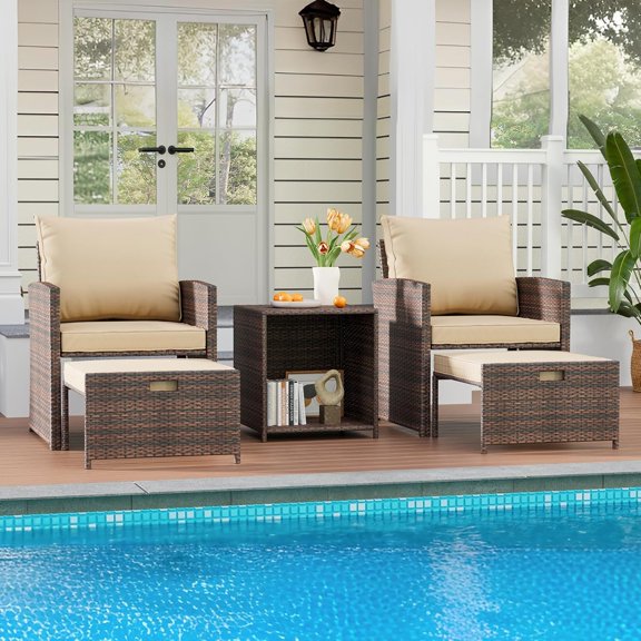 YUSAZENS 5-Piece All-Weather PE Rattan Patio Conversation Set, 2 High-Back Lounge Chairs with 2 Ottomans & Side Table, Soft Cushioned Outdoor Furniture for Porch, Garden, Poolside