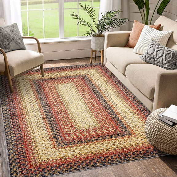 YUSAZENS 5'x7' Hallway Runner Rug, Washable Non-Slip Boho Braided Rustic Runner, Farmhouse Indoor Throw Rug, Low-Pile Long Carpet for Living Room, Bedroom, Entryway, Kitchen, Red