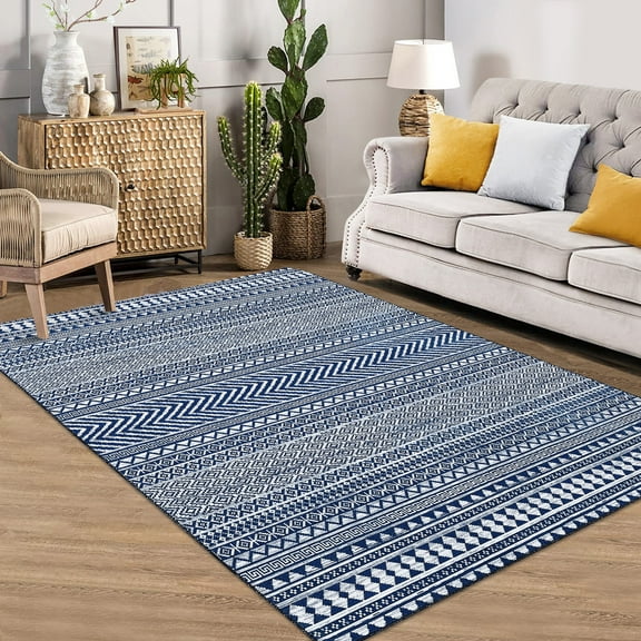 YUSAZENS 5'x7' Washable Area Rug, Non-Slip Geometric Throw Rug, Ultra-Thin Low Pile Modern Decorative Carpet, Stain Resistant, No Shedding for Living Room, Kitchen, Bathroom, Entryway, Blue