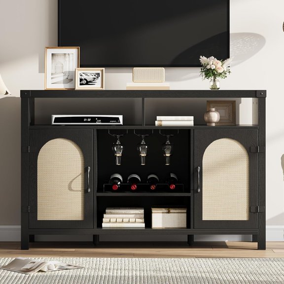 YUSAZENS 51-Inch Rattan Buffet Cabinet with Wine Rack & Glass Holder, 2 Adjustable Shelves, Sideboard Storage with Metal Handles, Coffee Bar Cabinet for Living Room Dining Room Hallway, Black