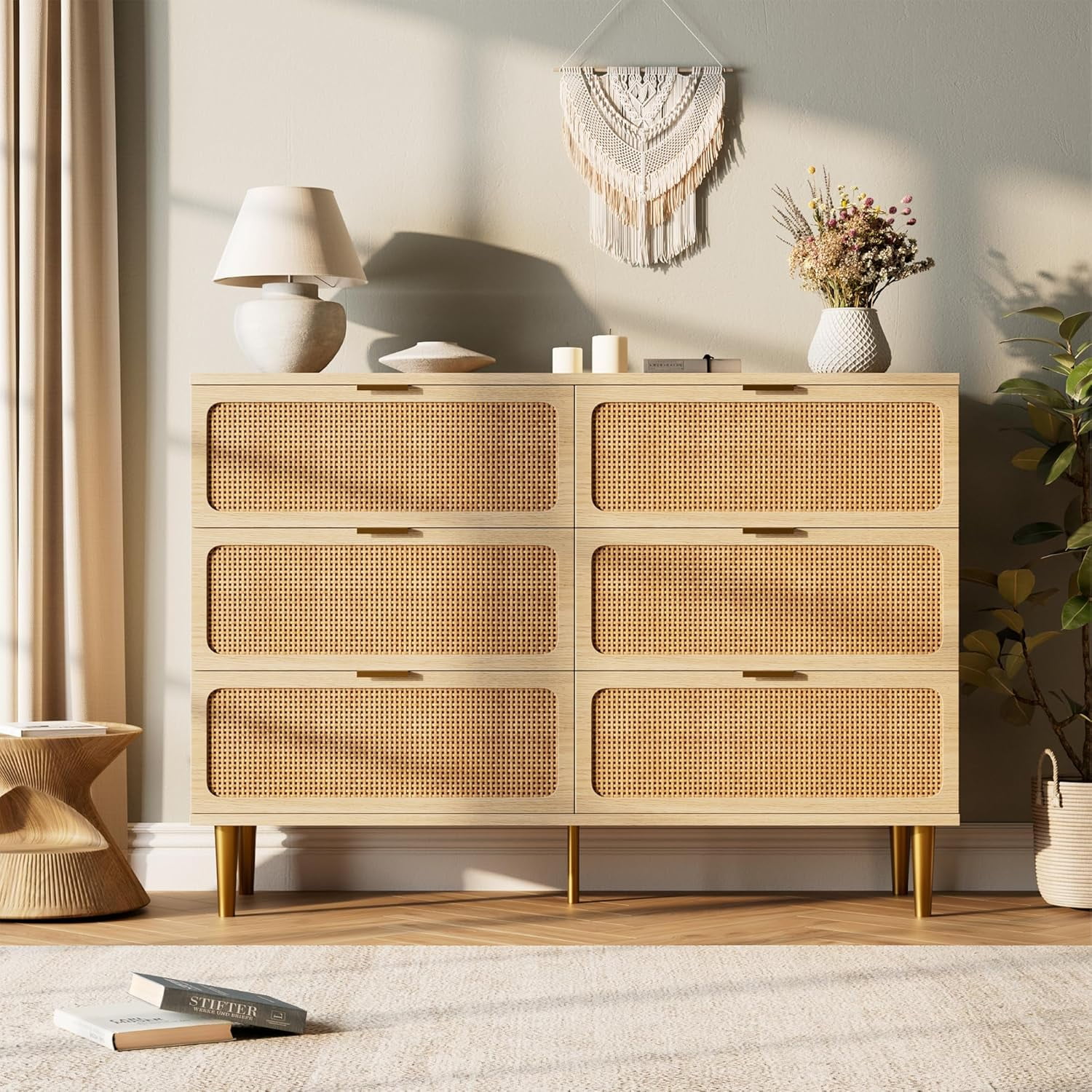YUSAZENS 6 Drawer Dresser for Bedroom, Rattan Chest of Drawers with Deep Drawers, Large Modern ...