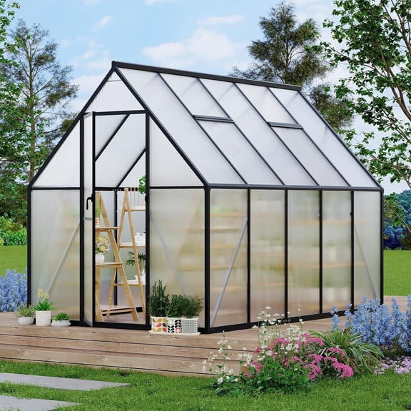 YUSAZENS 6 x 9 ft Walk-in Polycarbonate Greenhouse Kit, Heavy Duty Aluminum Frame, 5-Position Adjustable Roof Vent, Lockable Door, Black Outdoor Planting Shelter for Backyard Garden