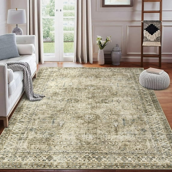 YUSAZENS 6'x9' Washable Area Rug, Vintage Distressed Non-Slip Carpet, Low-Pile Soft Large Throw Rug, Indoor Accent Rug for Living Room, Bedroom, Dining Room, Office, Farmhouse, Olive