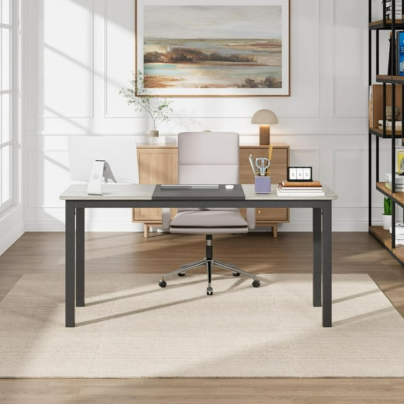 YUSAZENS 63-Inch Computer Desk with Black Metal Frame, Large Modern Office Desk for Home and Workspaces, Simple Style Gaming Desk and Writing Workstation, 23.6" D x 63" W, Black and Gray