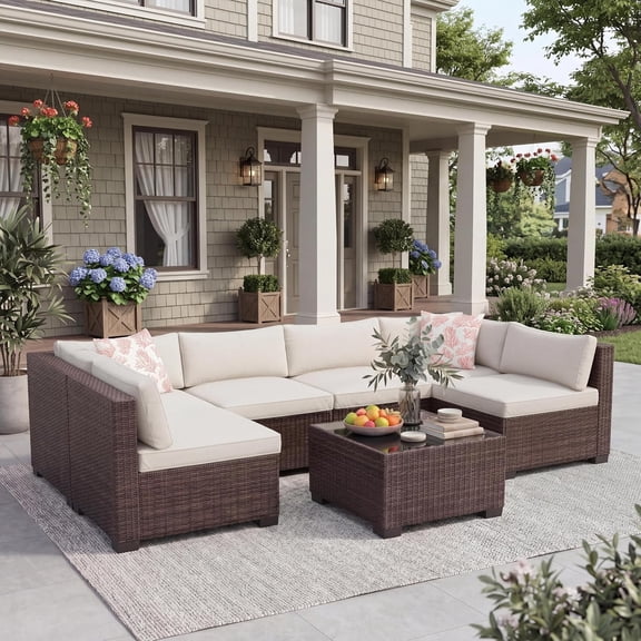 YUSAZENS 7-Piece Modular Rattan Wicker Patio Set, Outdoor Sectional Sofa with Washable Beige Cushions, All-Weather Brown Gradient Vine with Tempered Glass Coffee Table for Garden, Deck, Poolside