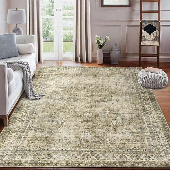 YUSAZENS 8'x10' Washable Area Rug, Vintage Distressed Non-Slip Carpet, Low-Pile Soft Large Throw Rug, Indoor Accent Rug for Living Room, Bedroom, Dining Room, Office, Farmhouse, Olive