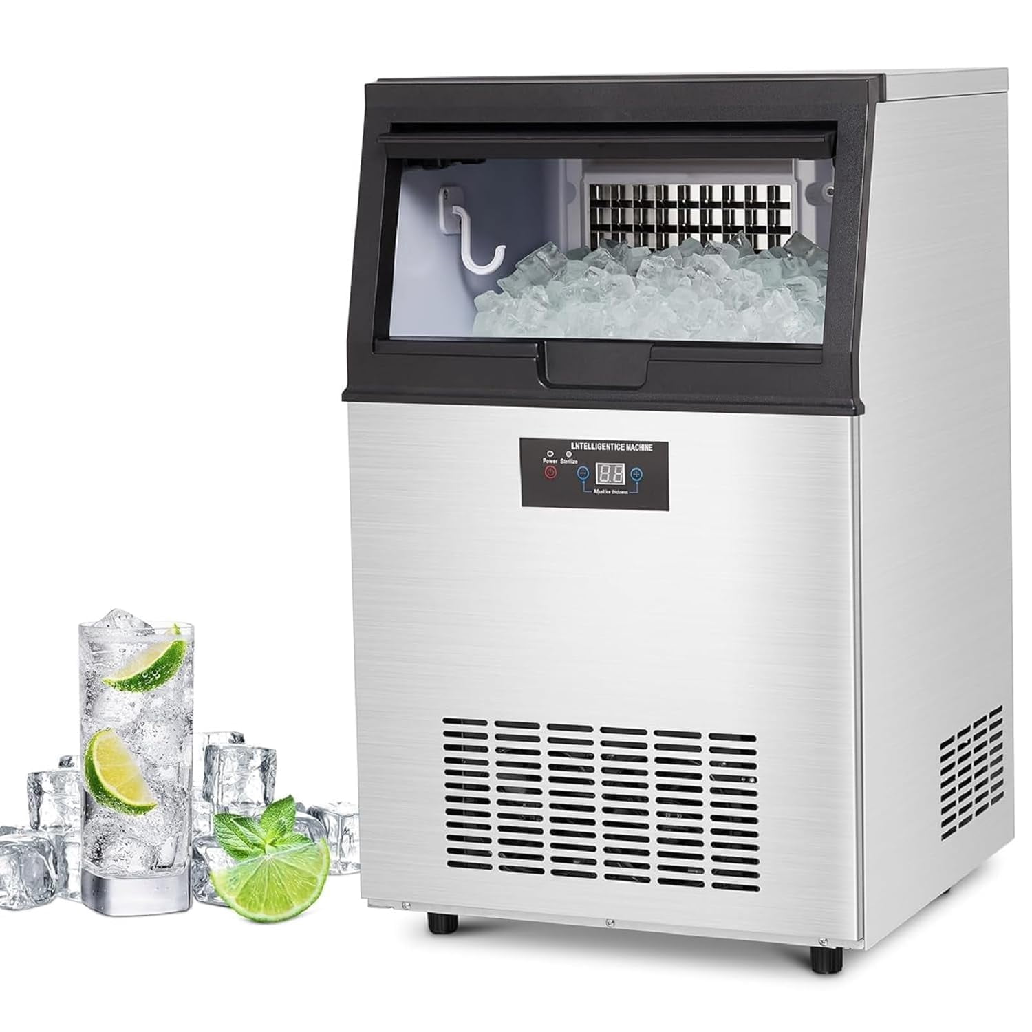 YUSAZENS 90LB/24H Commercial Undercounter Ice Maker, Stainless Steel Freestanding Ice Machine with 30LB Storage, 4x8mm Cylinder Ice Cubes for Restaurants, Bars, Hotels