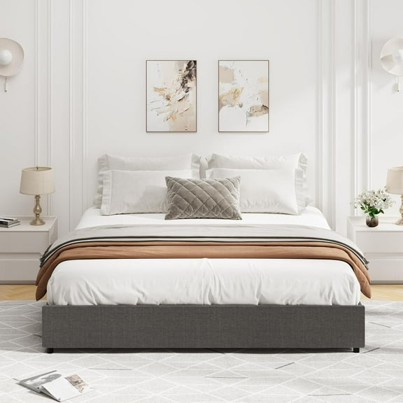 YUSAZENS Bed Frame, Full Size Platform Bed Frame with 4 Storage Drawers, Linen Upholstered, Wooden Slats Support, No Box Spring Needed, Non-Slip, Light Grey